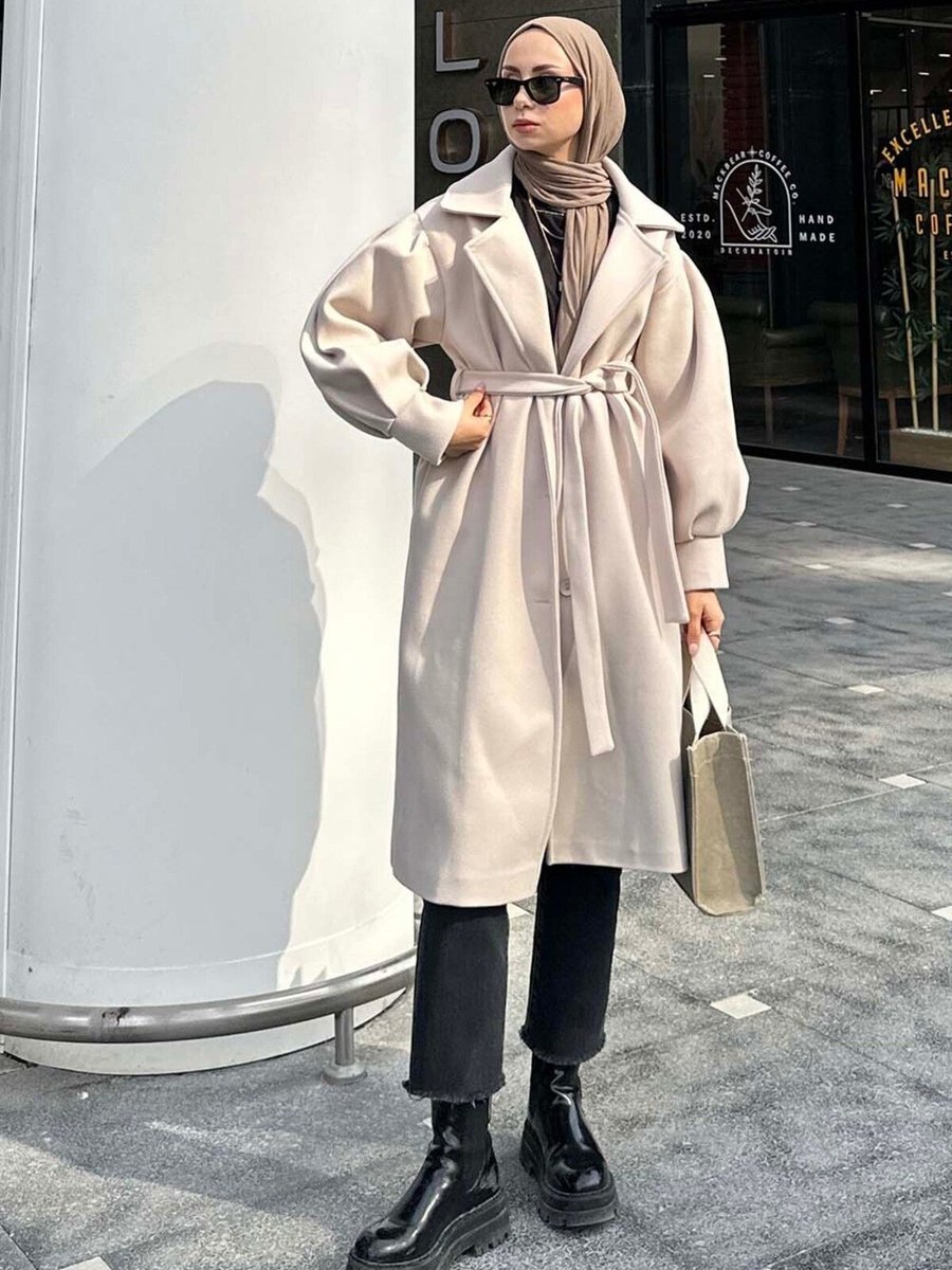 Lamelif Balon Kol Örme Kaşe Kaban Bej