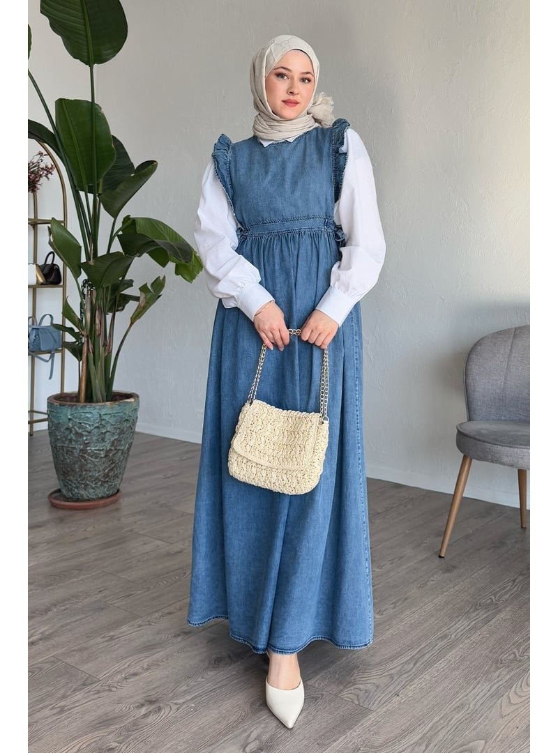 InStyle Mavi Frida Omuzu Fırfırlı Kot Jile Elbise