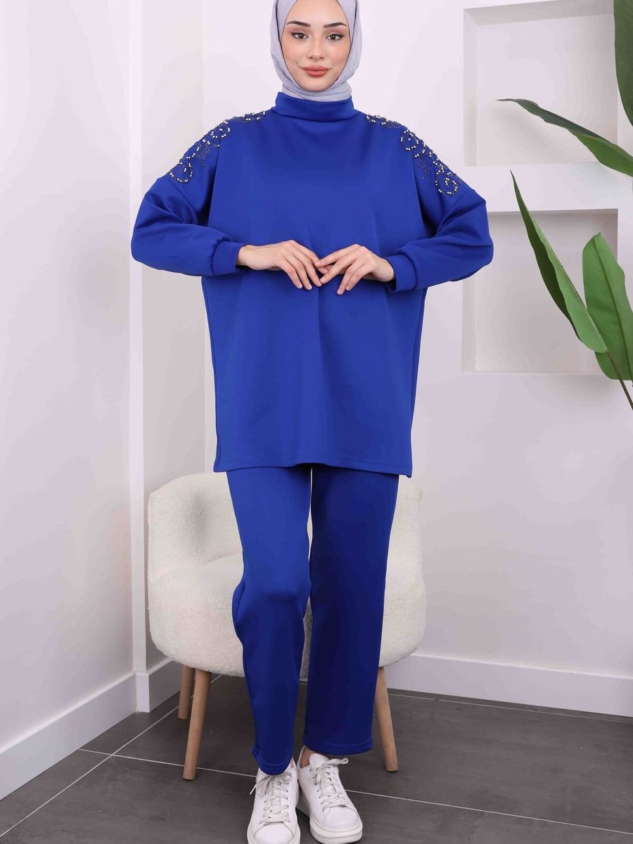 İmajbutik Saks Mavi Omzu Taşlı Scuba Takım