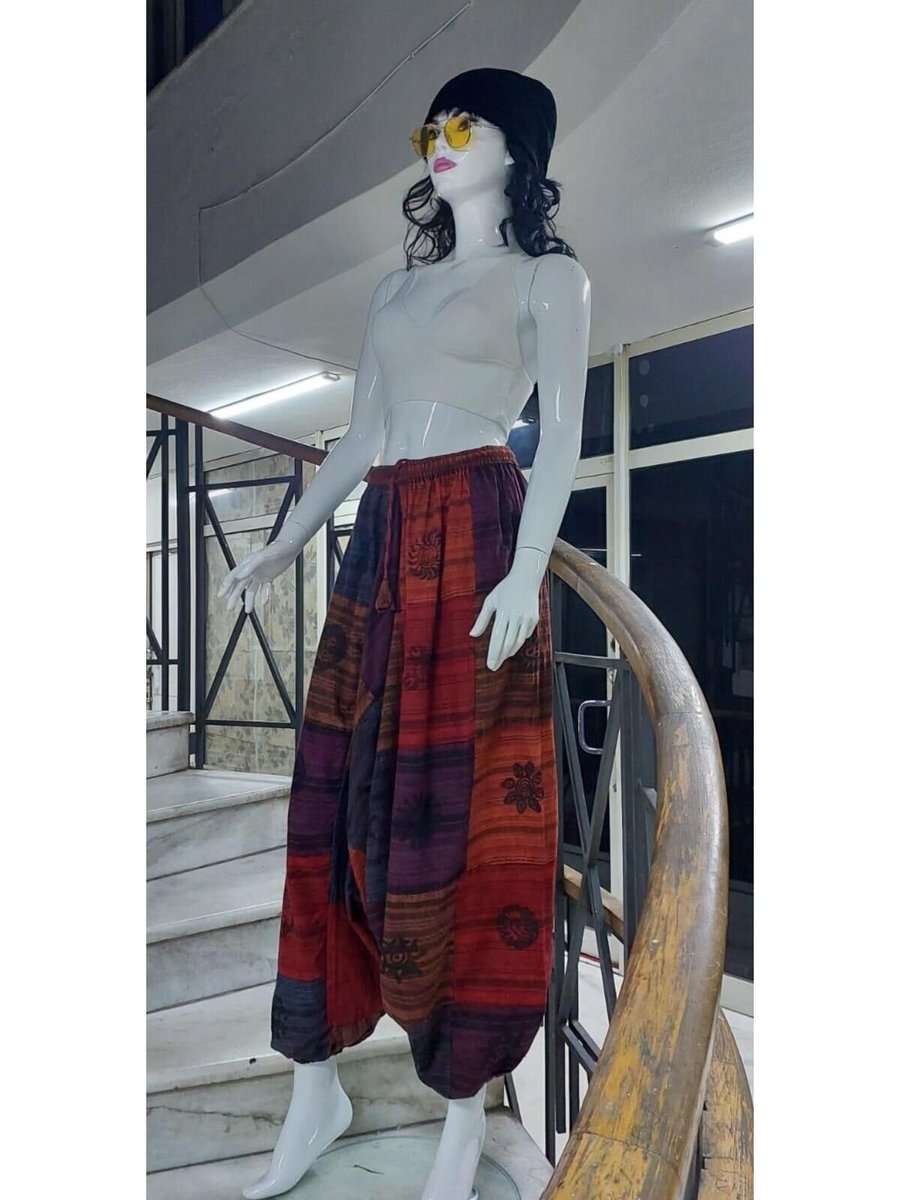 Bohem Stil Renkli Hint Otantik Yıkamalı Taşlanmış Patchwork Şalvar Pantolon