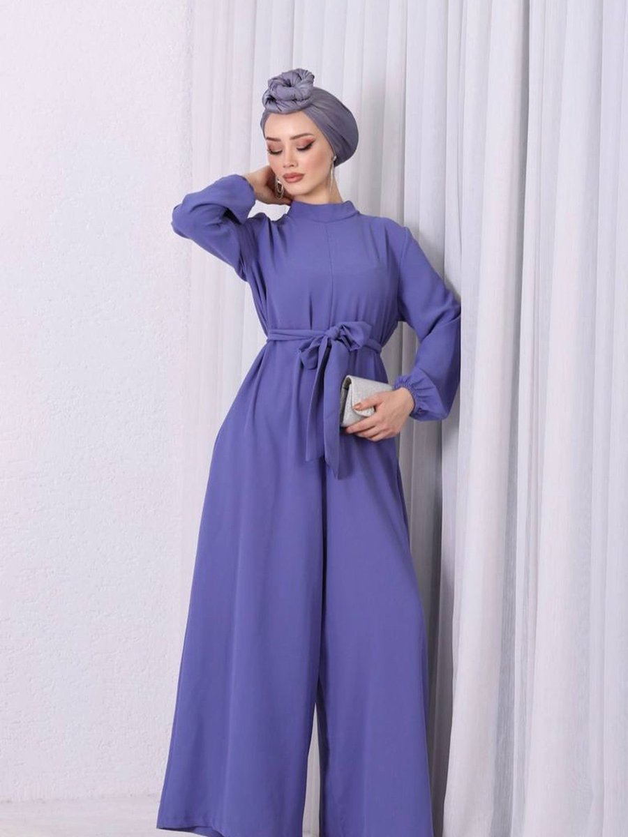 Neşeli Butik Kadın Lila Mavisi Kuşaklı Gül Detaylı Salaş Tulum