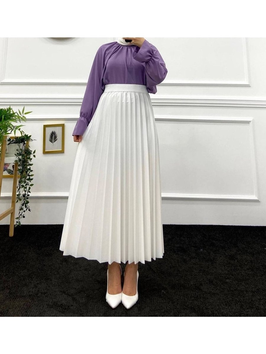 Allmira Fashion Beyaz Deri Görünümlü Piliseli Etek