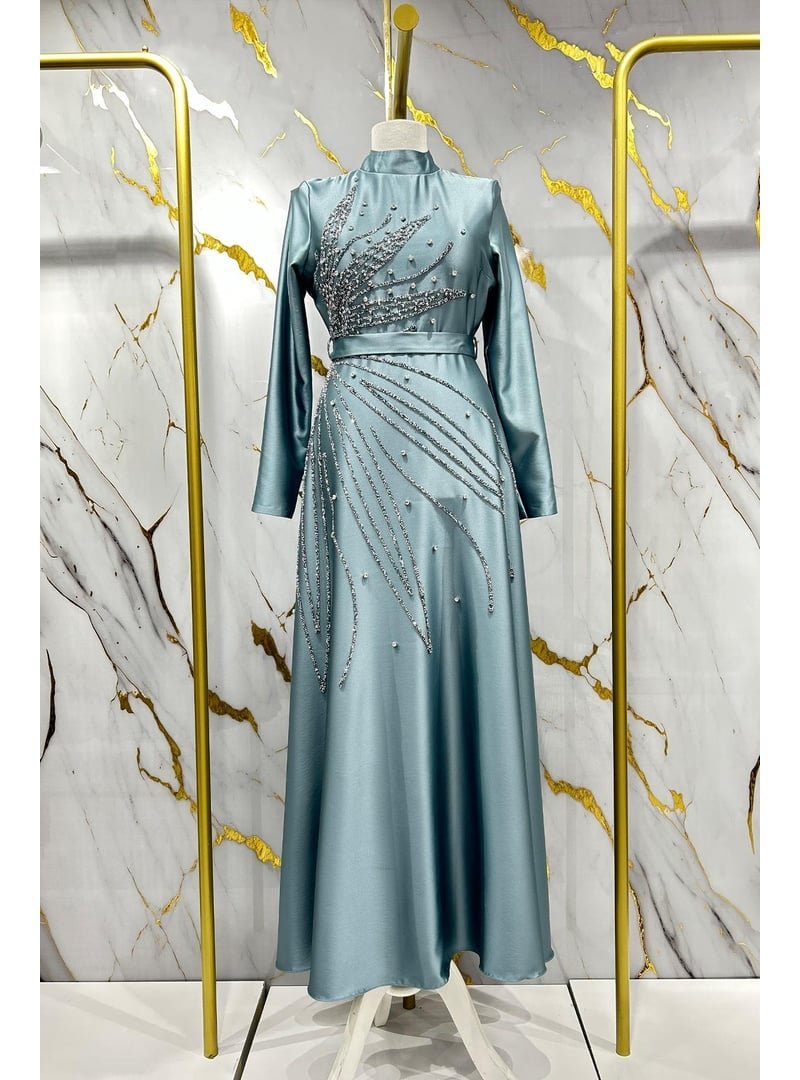 Hakimoda Mint Yeşili Saren Saten Abiye Elbise