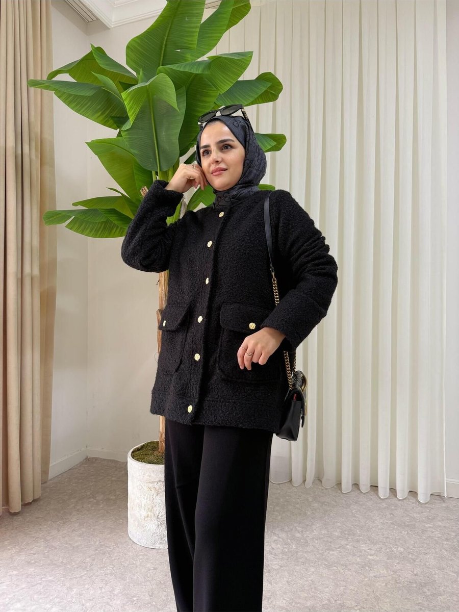 Aselim Hijap Moda Düğmeli Tedy Yumuşak Hırka Ceket Siyah