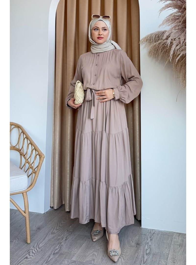 InStyle Kuşaklı Belmando Sütlü Kahve Elbise