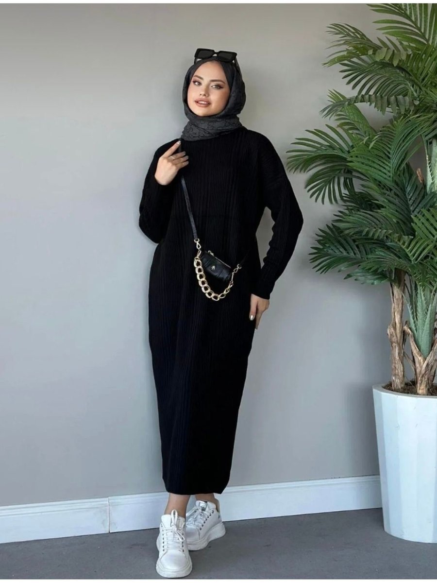 Gülce Moda Fitilli Triko Elbise Siyah