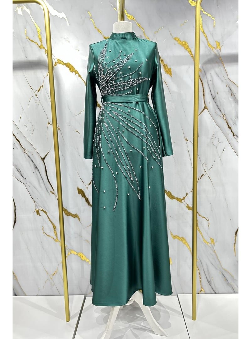 Hakimoda Zümrüt Yeşili Saren Saten Abiye Elbise