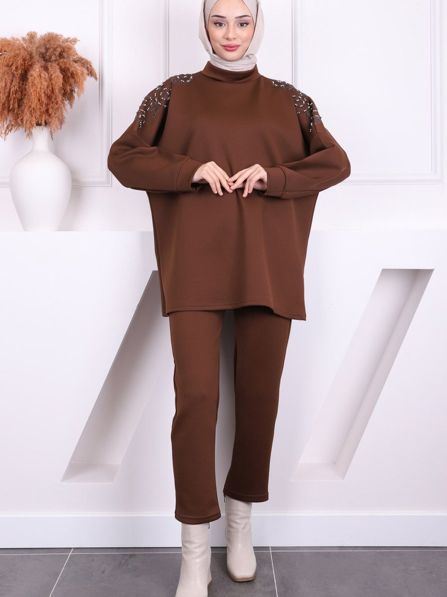 İmajbutik Kahverengi Omzu Taşlı Scuba Takım