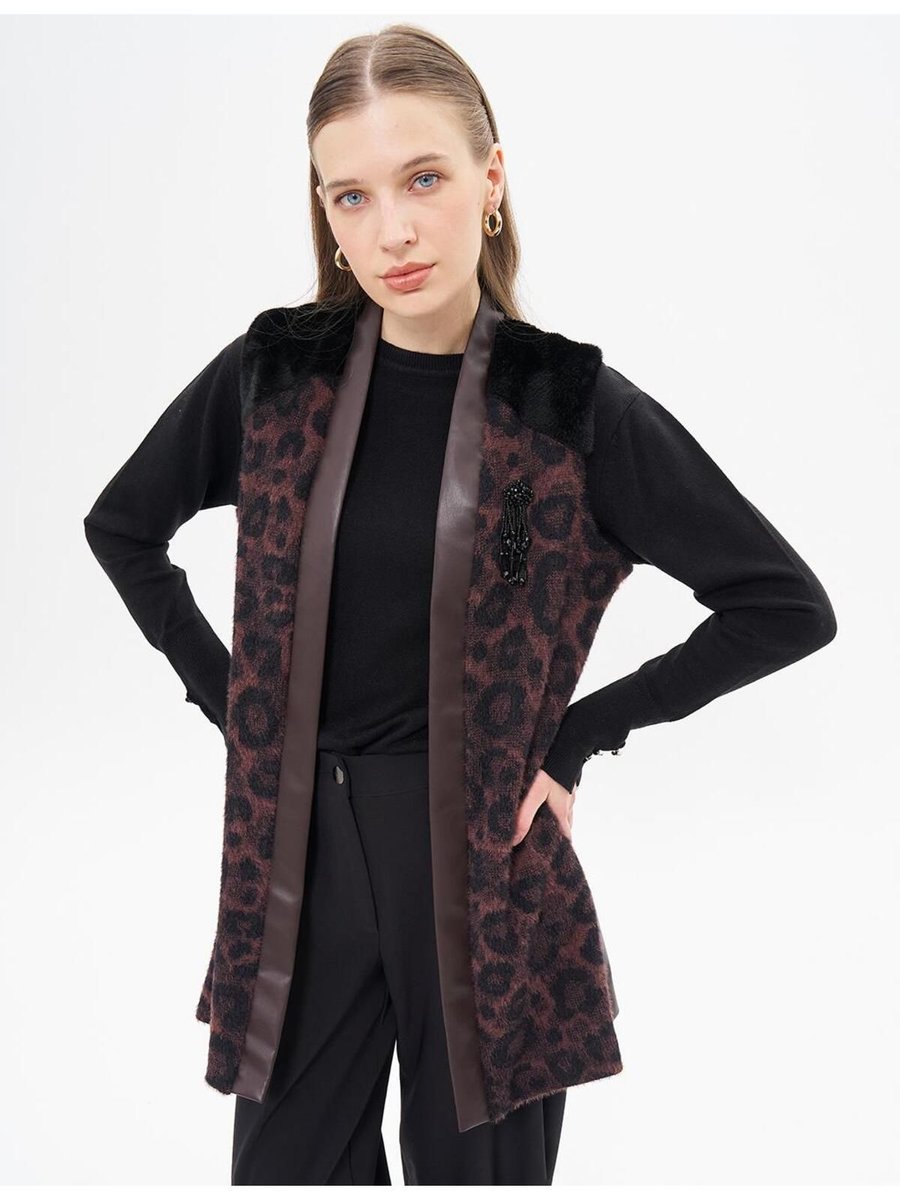 Kayra Animal Print Desenli Kürklü Yelek Kahve