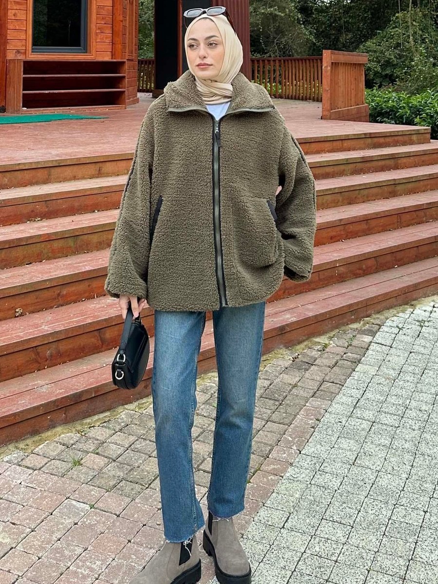 Lamelif Biye Detaylı Tedy Peluş Mont Haki