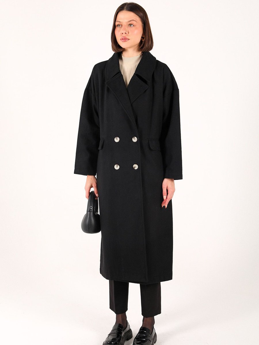 Melike Tatar Siyah Oversize Kaşe Kaban