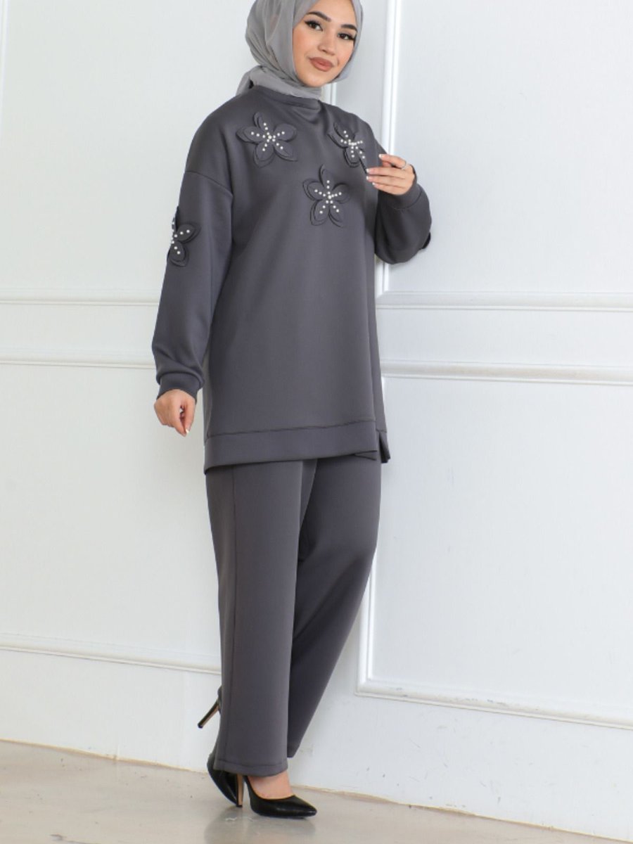 Burcufashion Gri Yıldız Taş Detaylı Takım