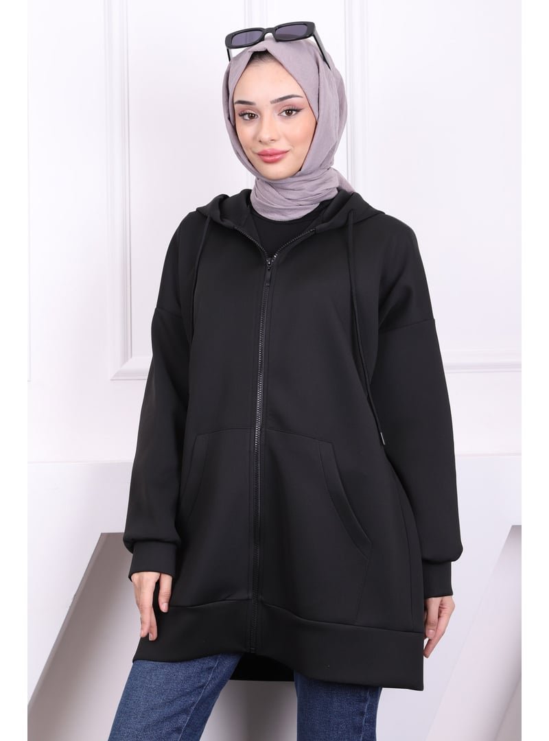 İmaj Butik Siyah Fermuarlı Cepli Scuba Hırka