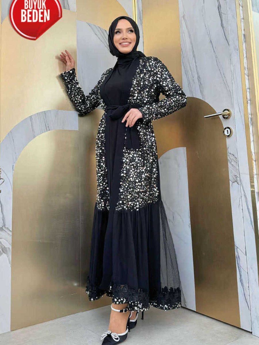Bym Fashion Büyük Beden Tül İşleme Detay Pul Payetli Abaya Gümüş