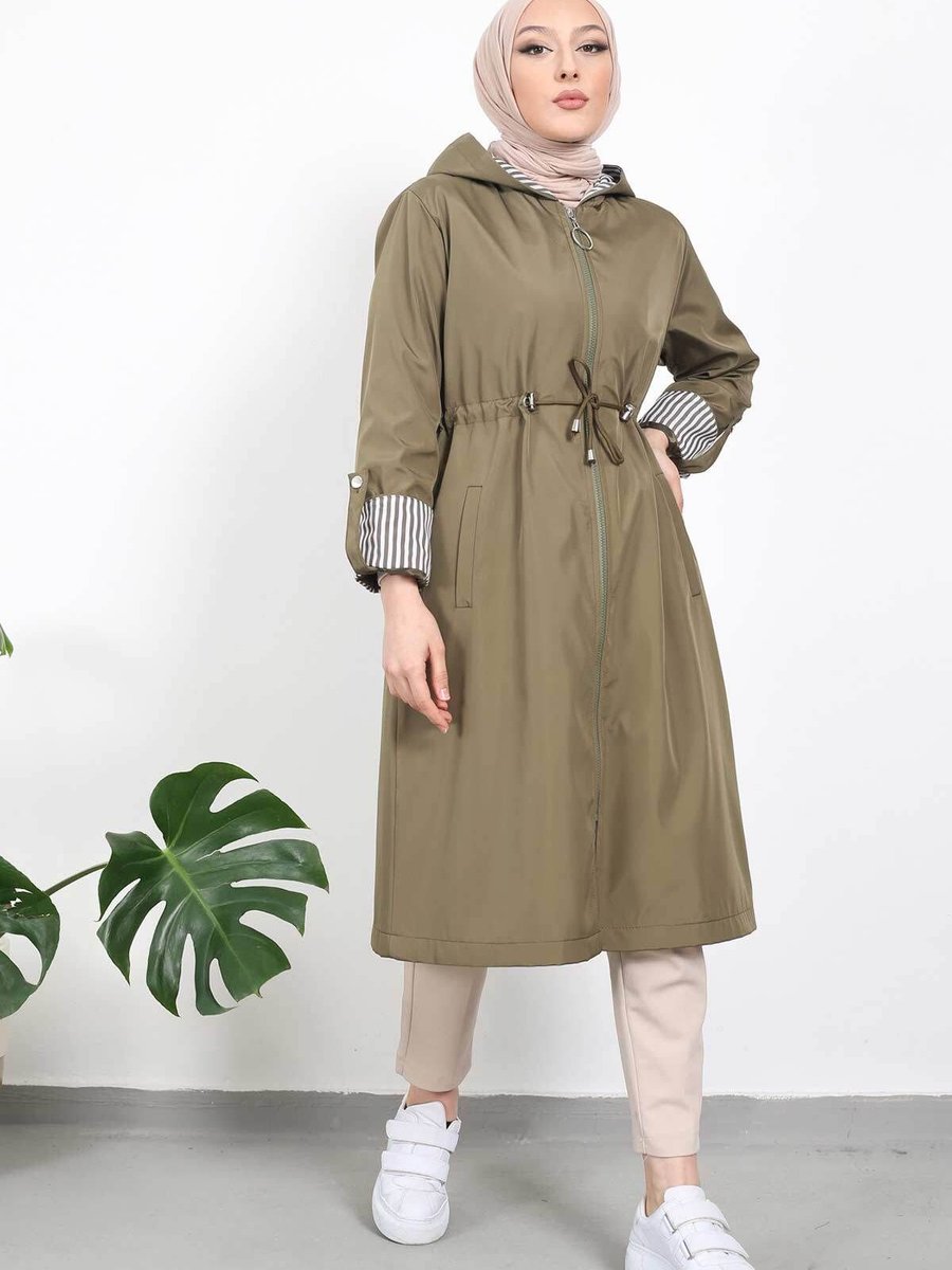 İmajbutik Haki Bel Büzgülü Kapüşonlu Trençkot