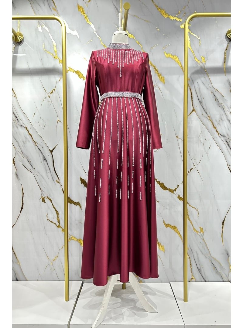 Hakimoda Bordo Nevra Saten Abiye Elbise