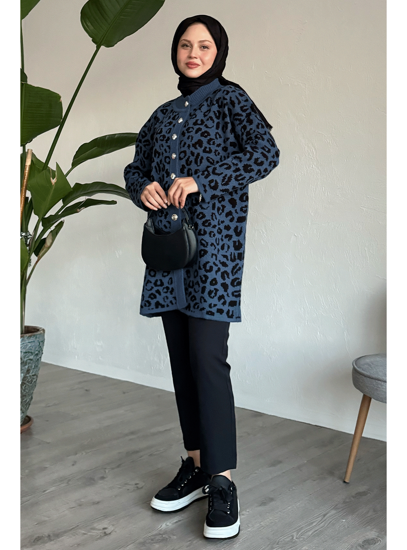 InStyle Leopar Desen Düğmeli Mavi Hırka