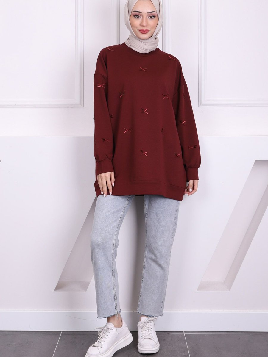 İmajbutik Bordo Fiyonk Detaylı Modal Sweatshirt