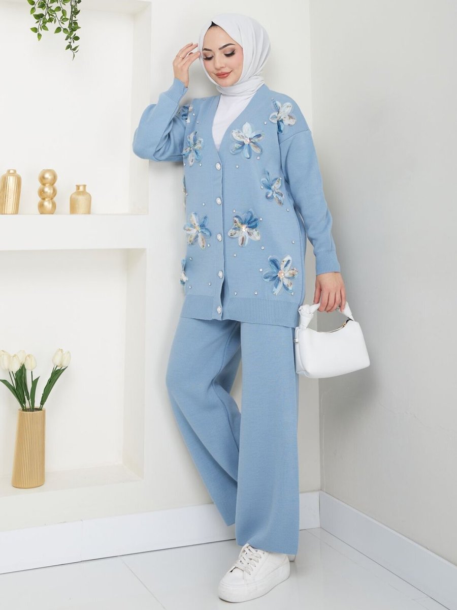VOLT CLOTHİNG Mavi Çiçek Nakışlı Triko İkili Takım
