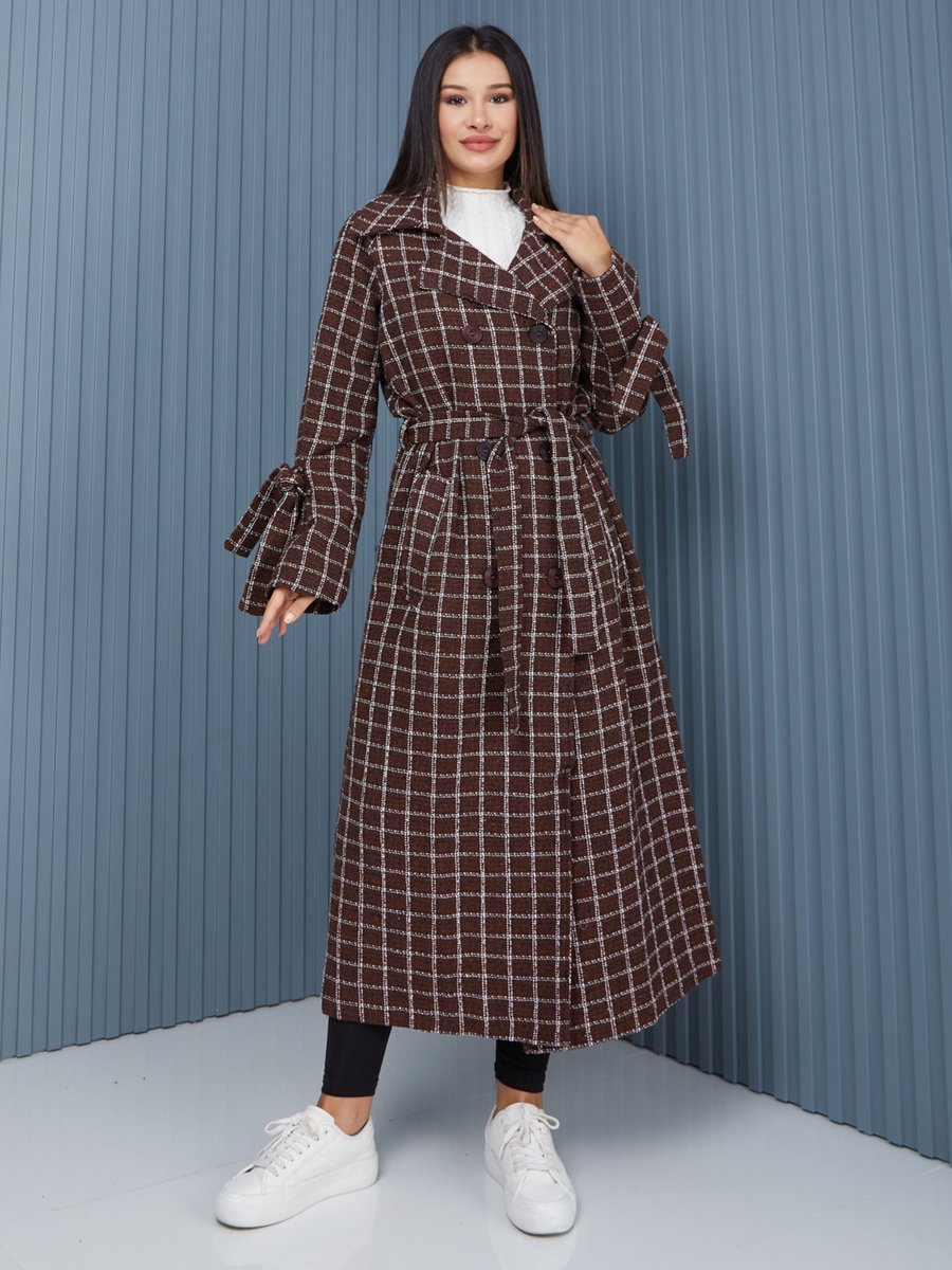 Sahra Afra Kahverengi Ekose Kadın Oversize Trençkot