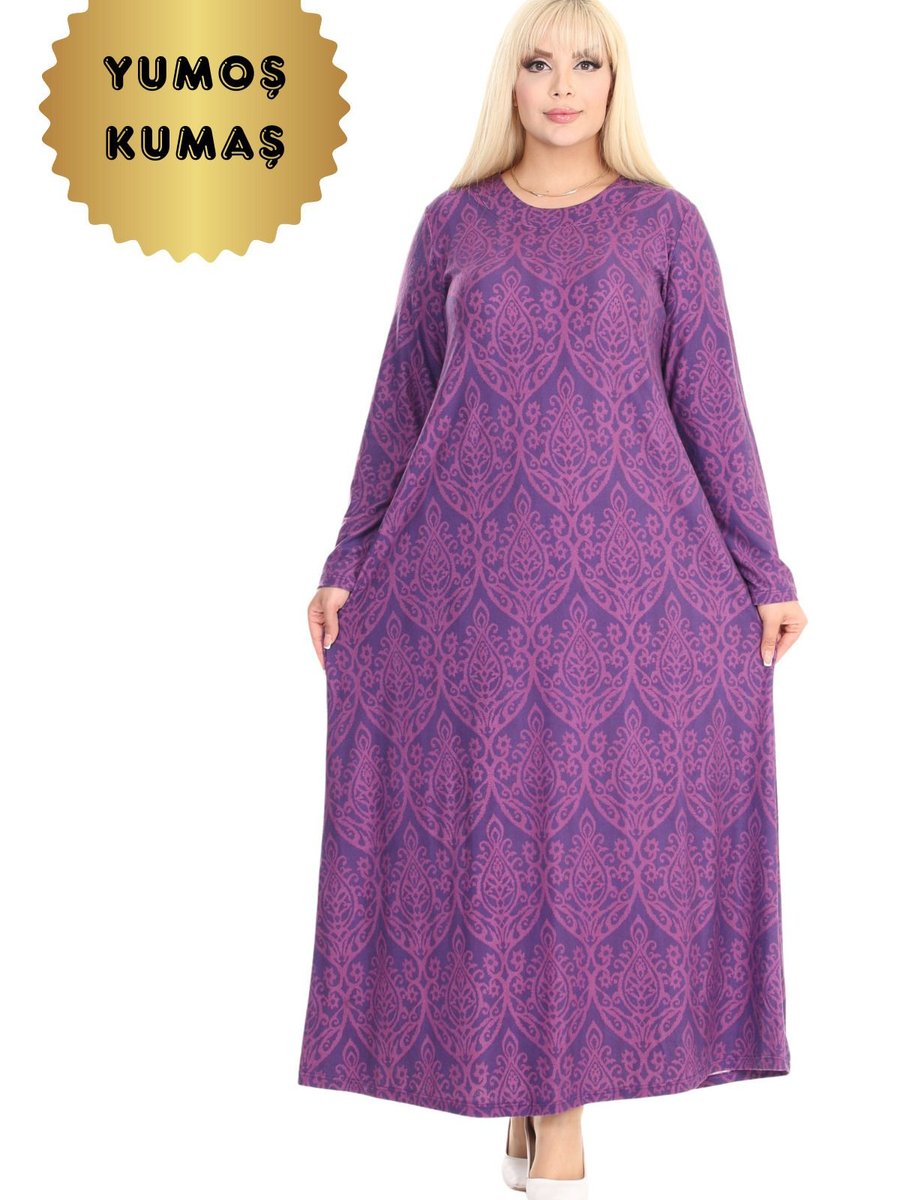 Melsay Kışlık Yumoş Kumaş Mor Dantel Desenli Büyük Beden Elbise