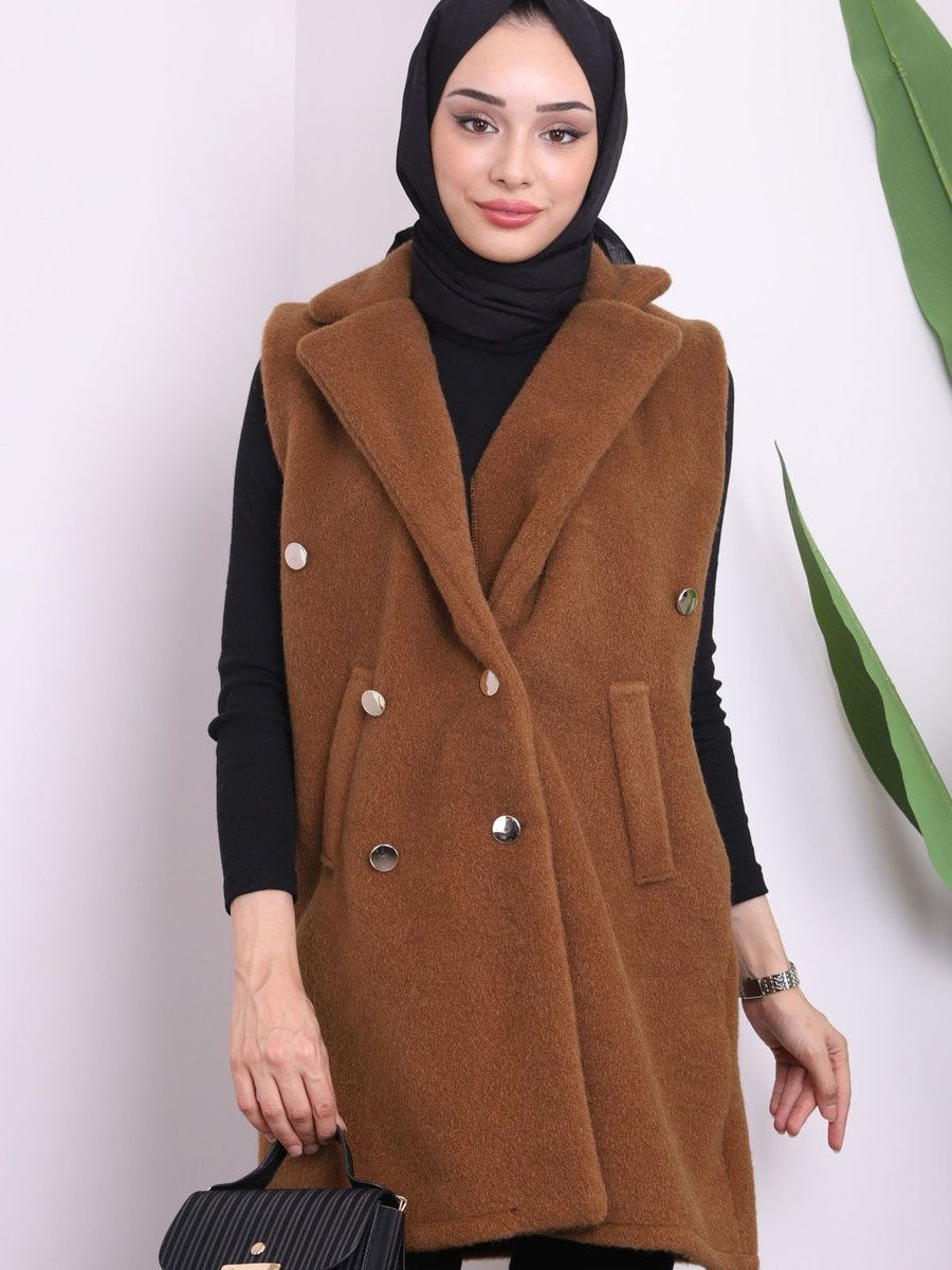 İmajbutik Kahverengi Kruvaze Yaka Düğmeli Angora Yelek