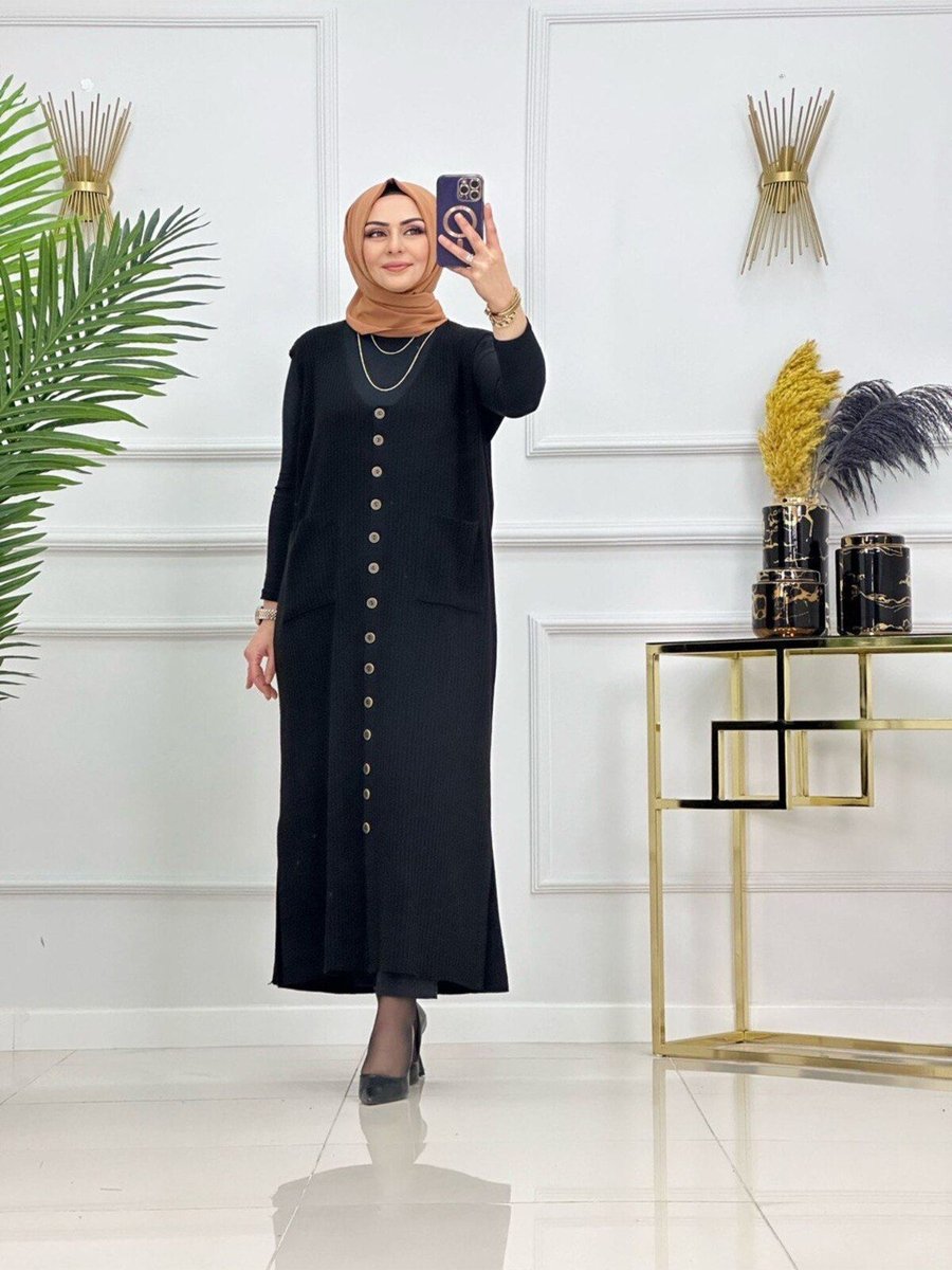 Enans Design Fitilli Triko Yelek, Uzun Elbise Görünümlü Yelek