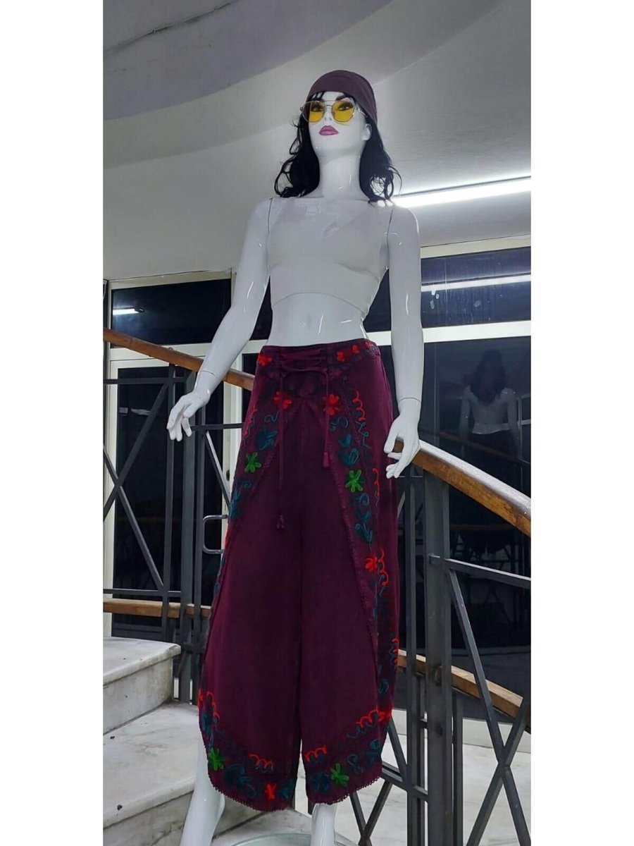 EREN STYLE Bordo Otantik Nakış İşlemeli Harem Şalvar Pantolon