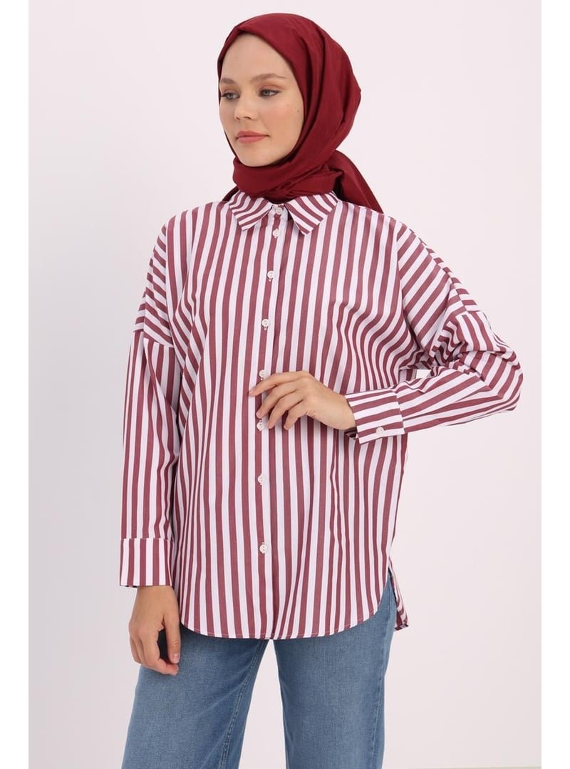 Allday Oversize Basic Gömlek Bordo Beyaz