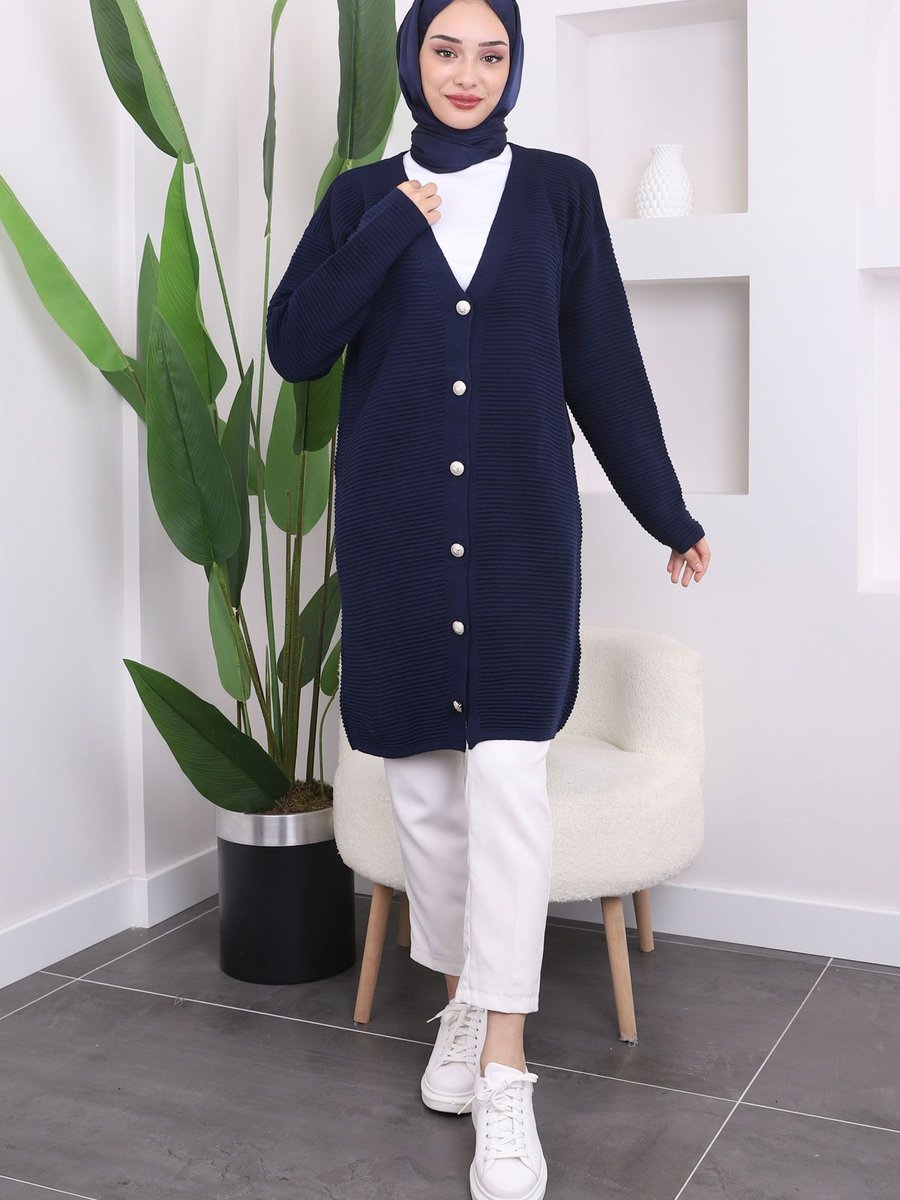 İmajbutik Lacivert Düğmeli Gofralı Triko Hırka