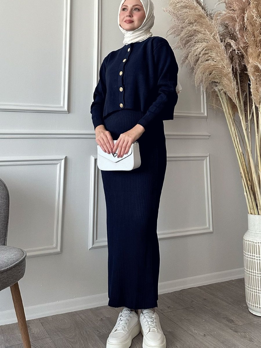 Instyle Hırkalı Fitilli İkili Lacivert Triko Takım