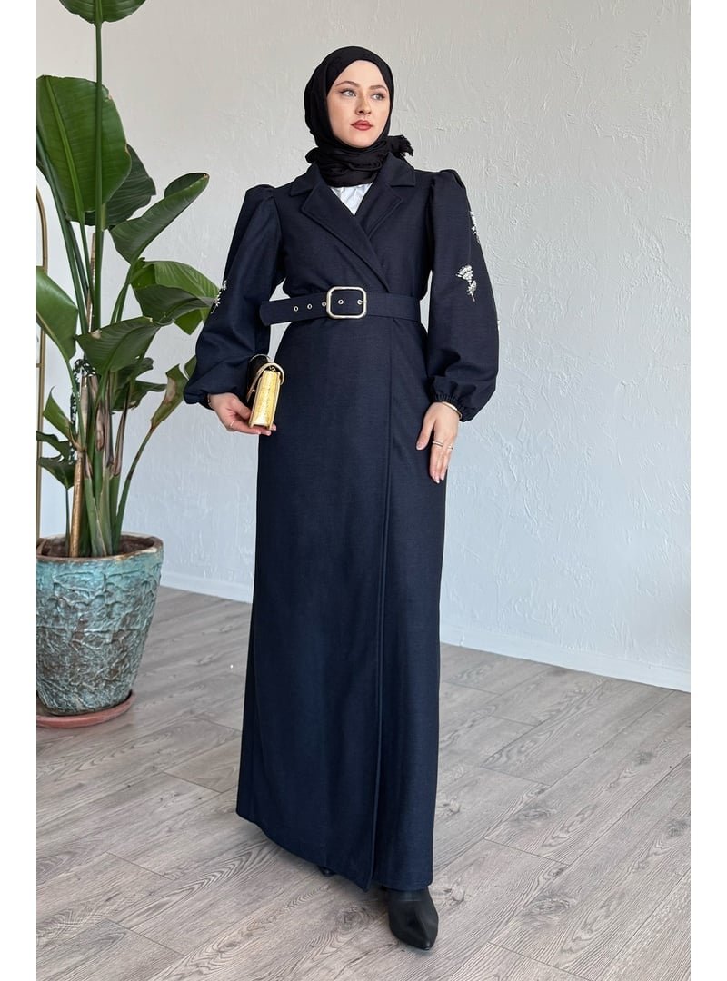 InStyle Boncuk İşlemeli Kemerli Lacivert Kap