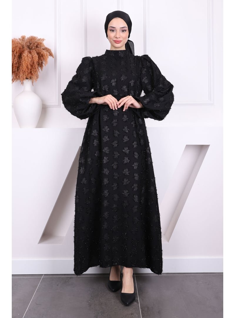 İmaj Butik Siyah Balon Kol Kuşaklı Elbise