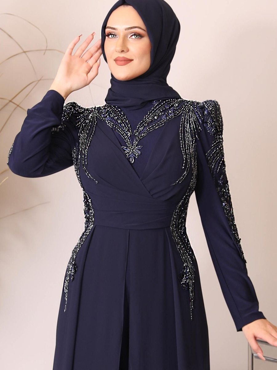 Fashion Showcase Boncuk İşlemeli Önü Piliseli Abiye Elbise Uzun Şifon Tulum Lacivert