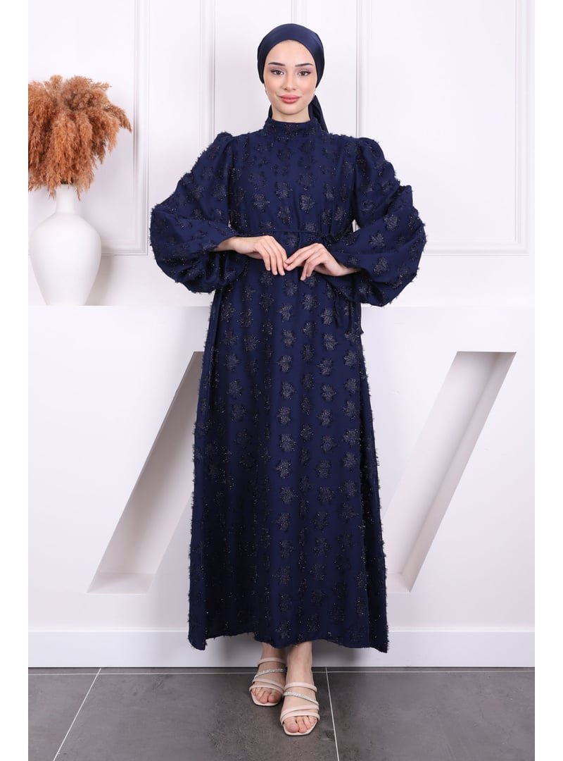 İmaj Butik Lacivert Balon Kol Kuşaklı Elbise
