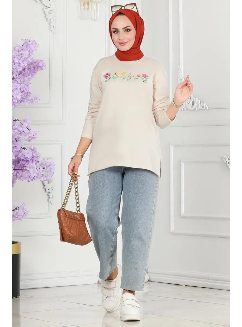 Pelsu Moda Çiçek Baskılı Bej Tunik