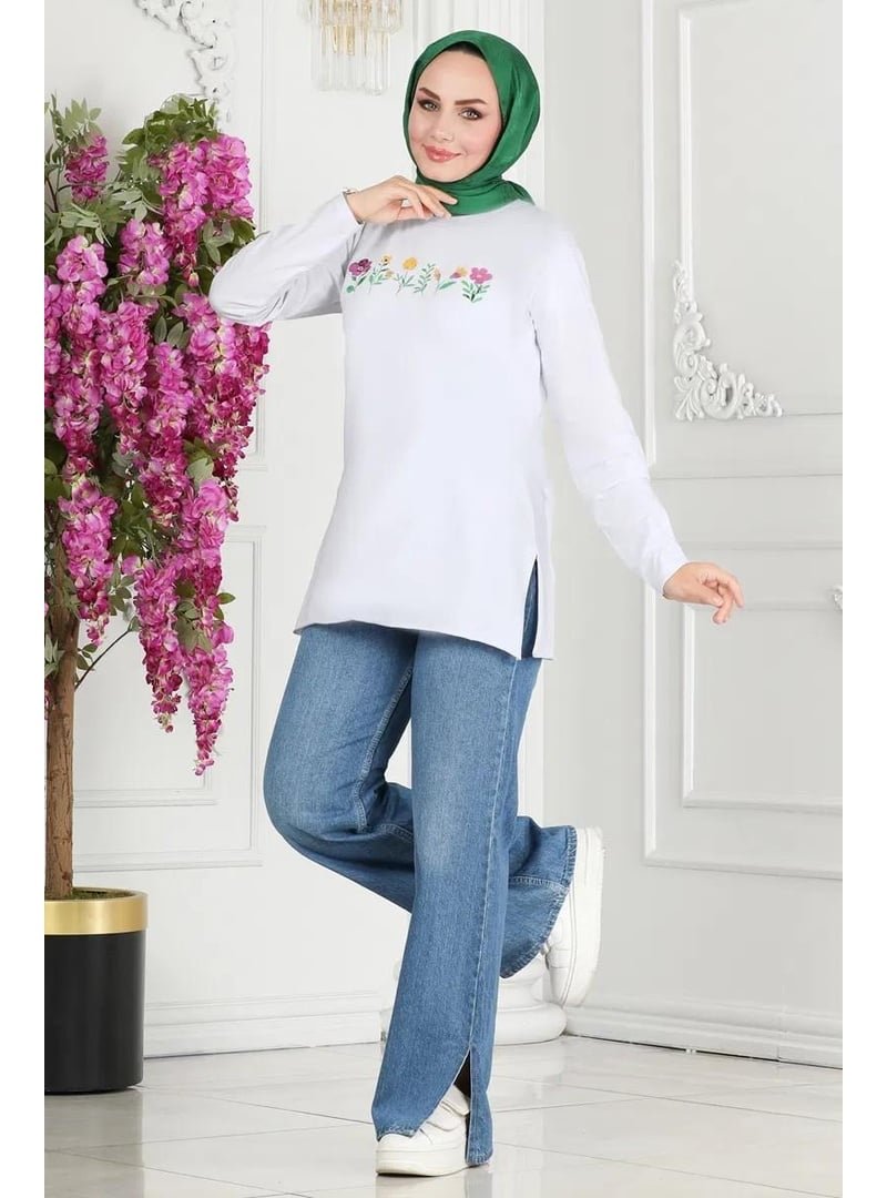 Pelsu Moda Çiçek Baskılı Beyaz Tunik