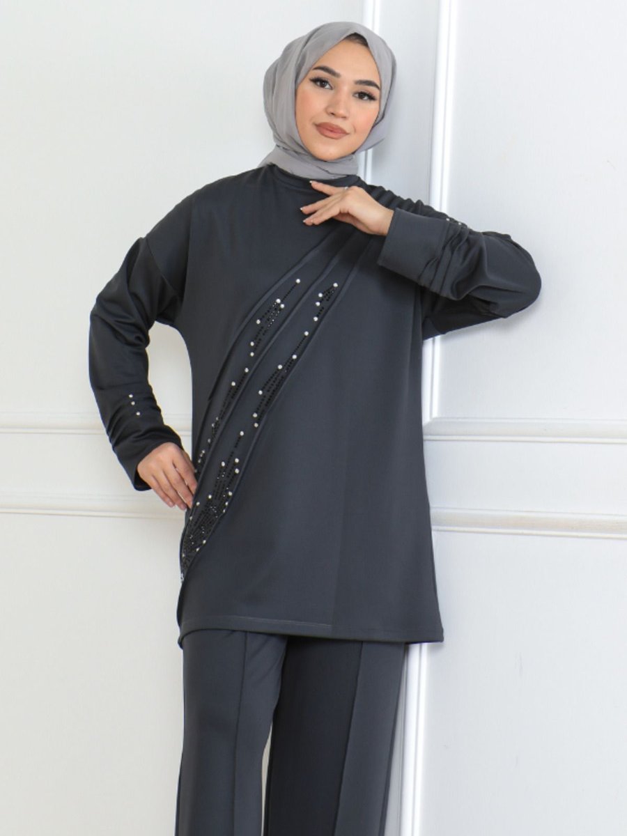 Burcufashion Antrasit Taş Detaylı Takım