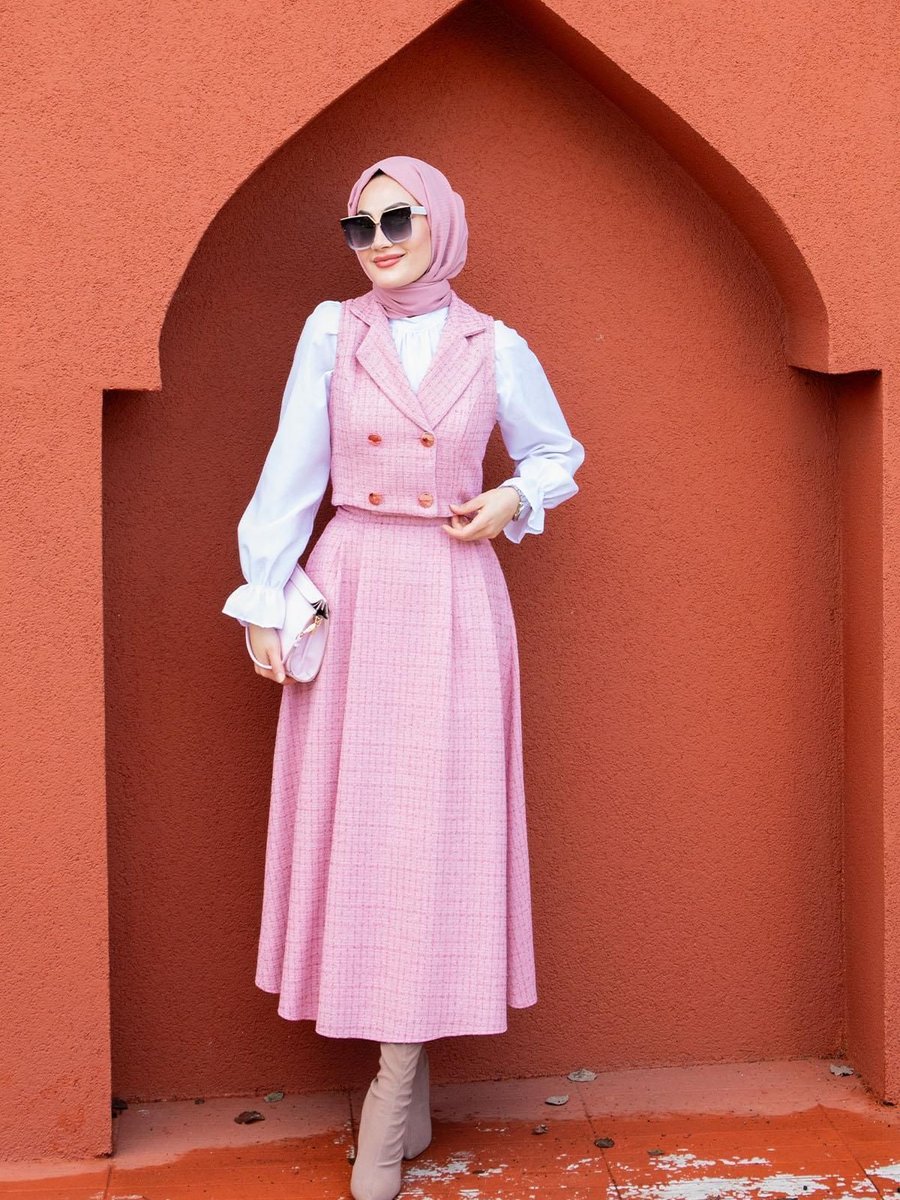 Tesettür Çarşım Kruvaze Yelekli Tüvit Etekli Takım Pembe