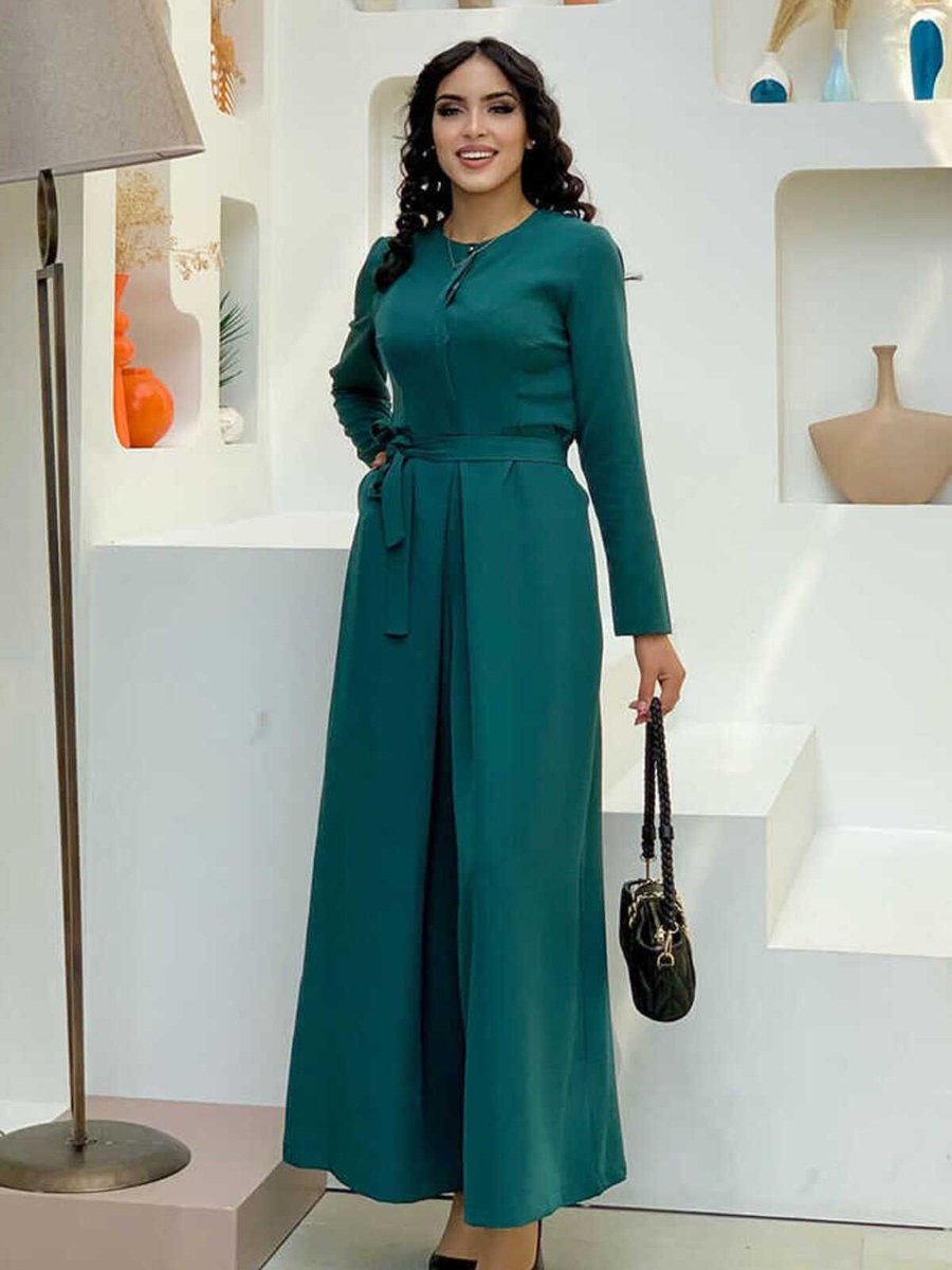 Bym Fashion Göğüs Kısmı Gizli Düğme Detaylı Bel Kuşaklı Tulum Zümrüt
