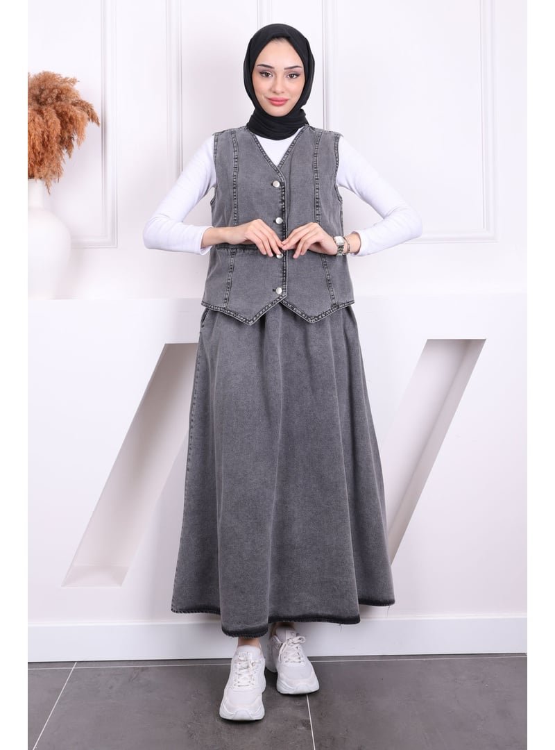 İmaj Butik Antrasit Yelek Etek İkili Kot Takım