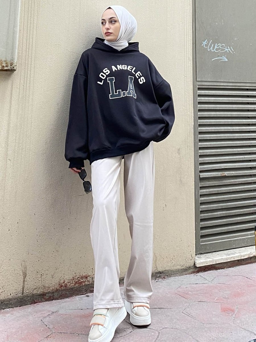 Lamelif Moda Los Angeles Baskılı Oversize Sweatshirt Siyah