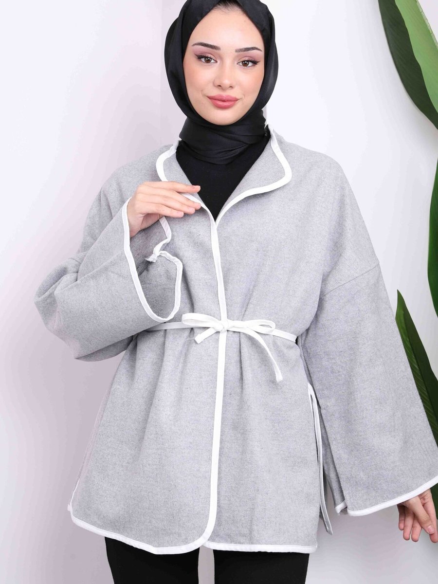 İmajbutik Gri Bel Bağlamalı Kaşe Kimono Ceket