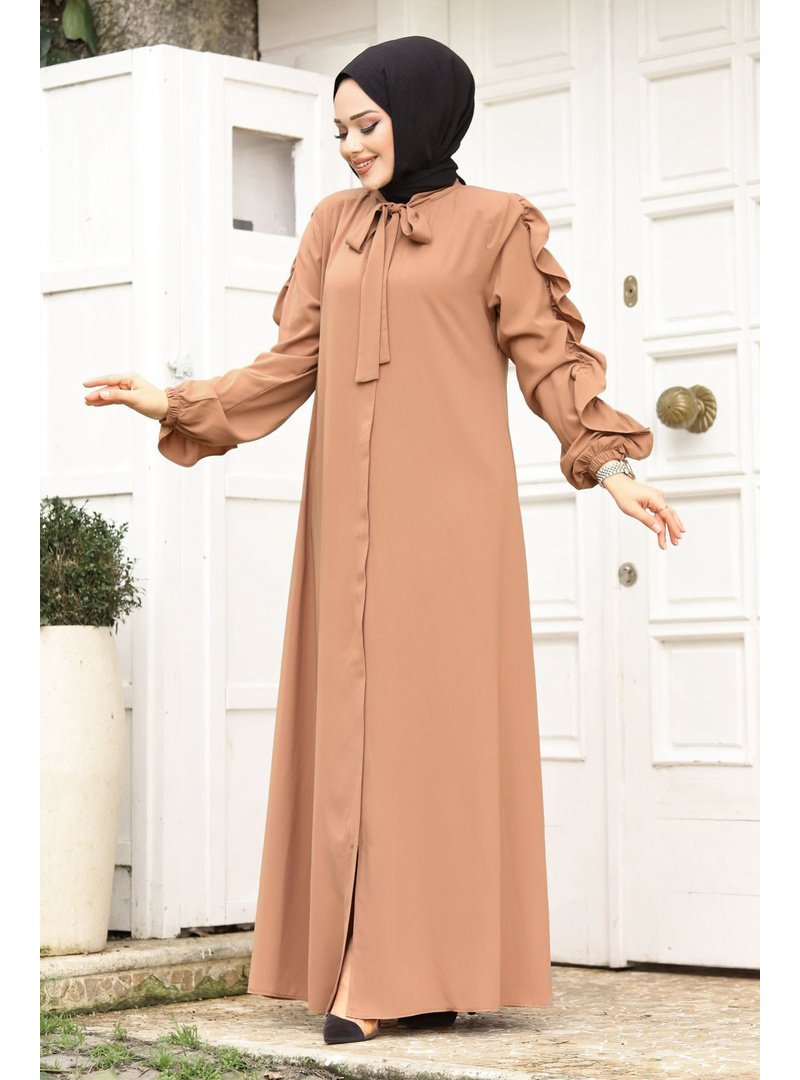 Tesettür Dünyası Camel Kolu Fırfırlı Yakası Bağlama Detaylı Ferace