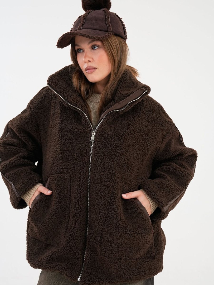 VOLT CLOTHİNG Kahverengi Şerit Detaylı Fermuarlı Peluş Mont