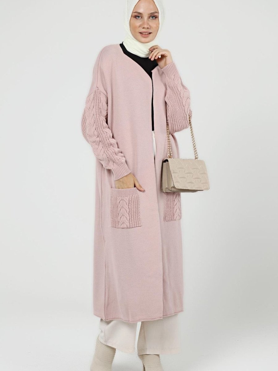 İlmek Kolu Saç Örgülü Çift Cepli Garnili Kışlık Kimono Hırka
