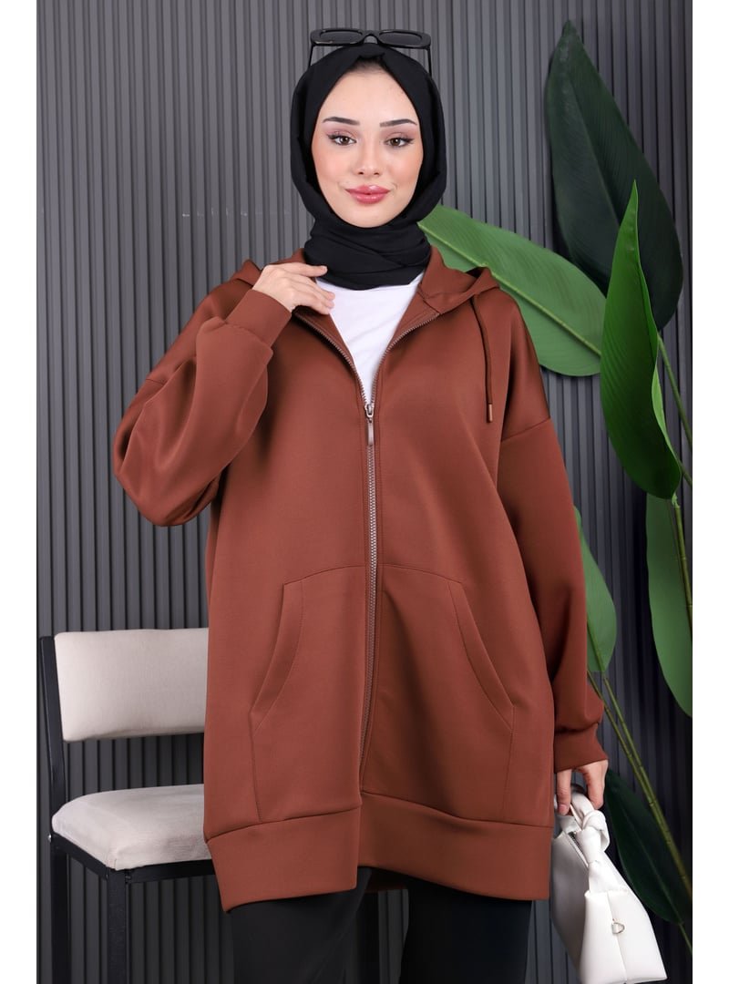 İmaj Butik Kahverengi Fermuarlı Cepli Scuba Hırka