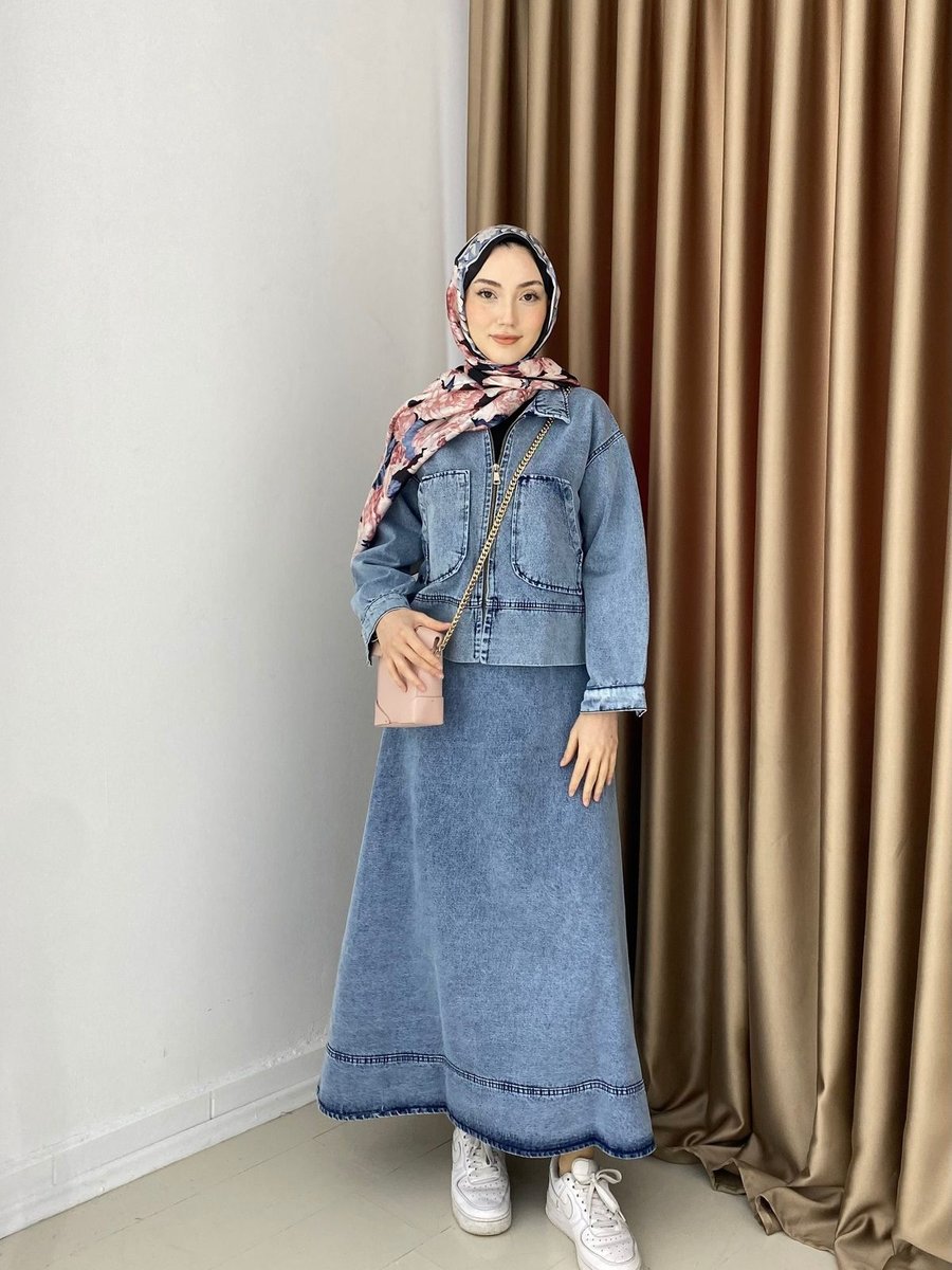 Tumabutik Çıt Detaylı Kot Etekli Takım