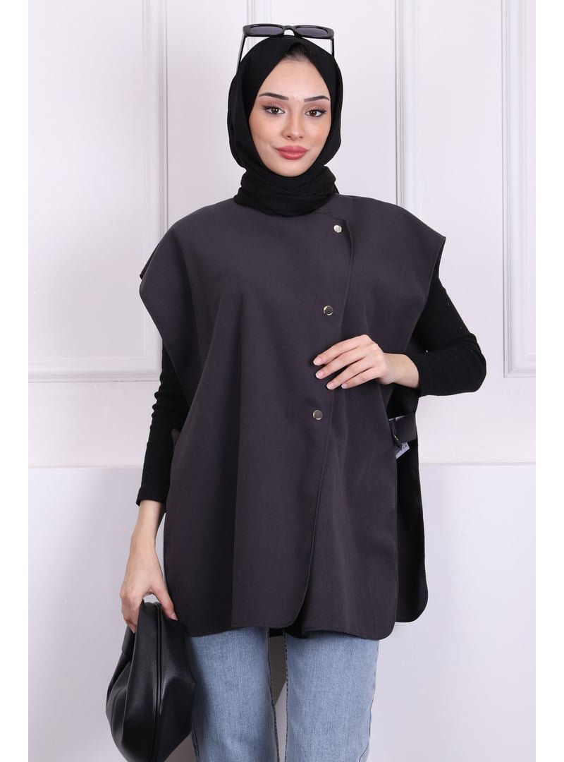 İmaj Butik Antrasit Çıtçıt Detaylı Yanları Açık Kaşe Yelek