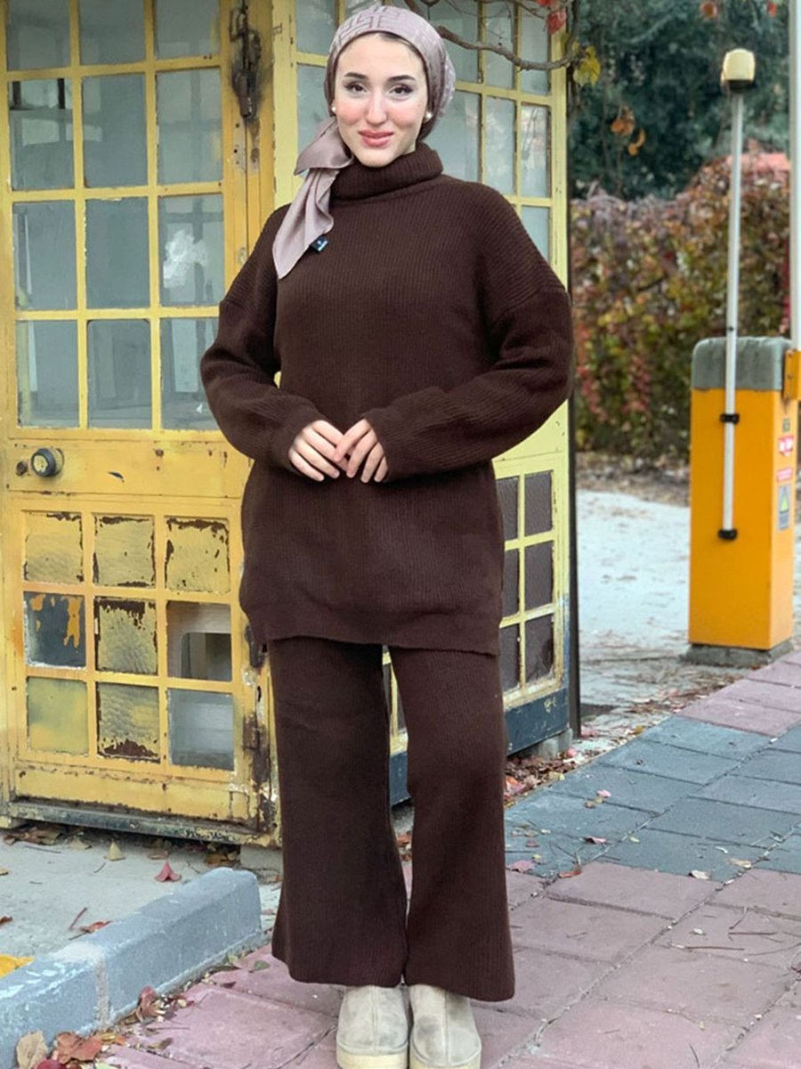 Moda Rosa Kahve Kalın Örme Triko Takım